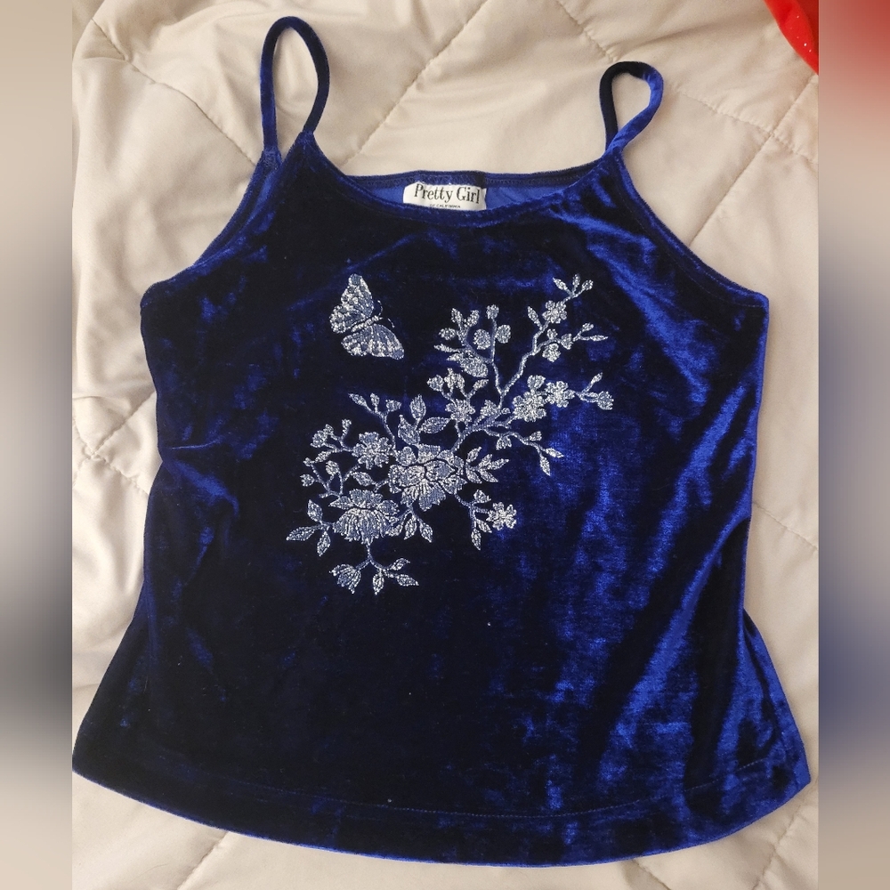 Girl's Vintage Y2K Royal Blue Velvet Embroidered Cami Top Size Large